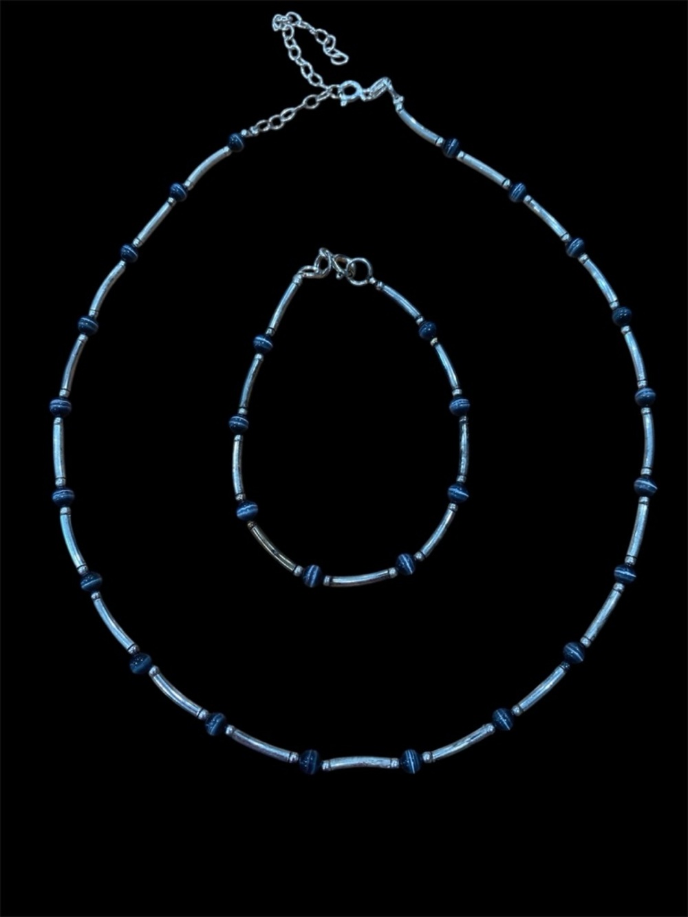 Elegant Blue Bead Necklace and Bracelet Set Stamped 925 Thai